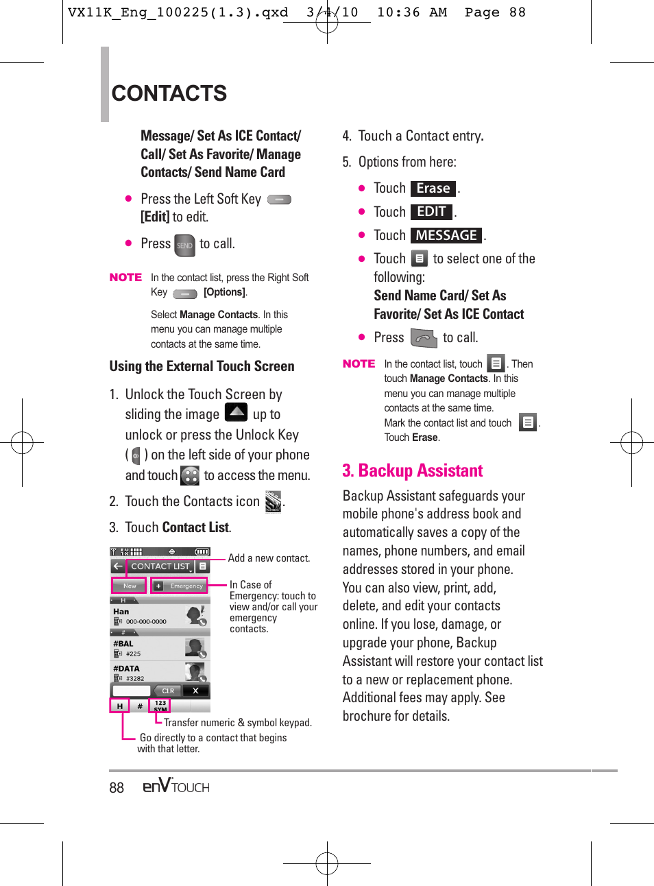 Contacts, Backup assistant | LG VX11000 User Manual | Page 90 / 398