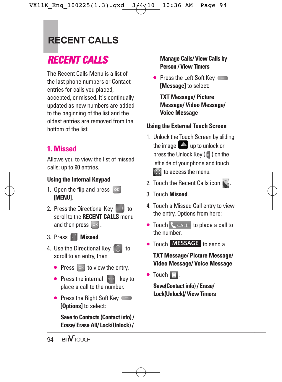 Recent calls, Missed | LG VX11000 User Manual | Page 96 / 398