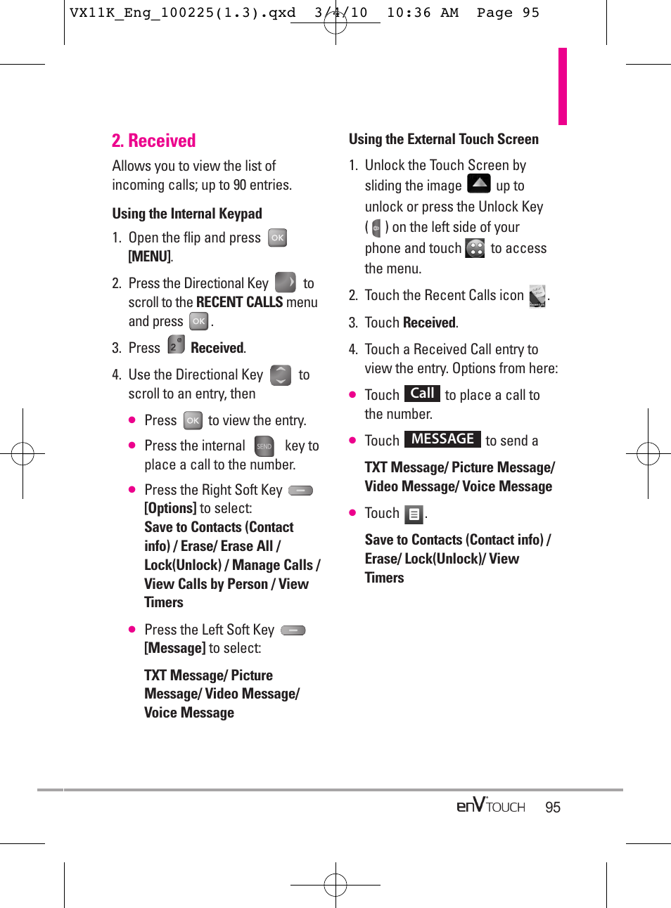 Recent calls, Received | LG VX11000 User Manual | Page 97 / 398