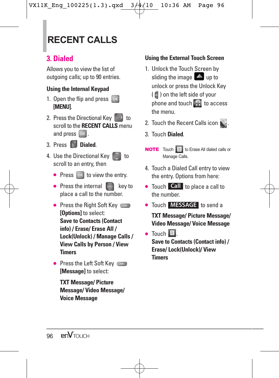 Recent calls, Dialed | LG VX11000 User Manual | Page 98 / 398