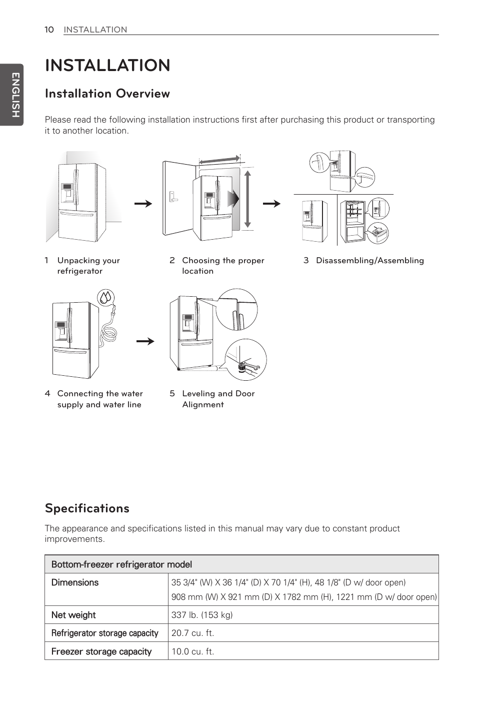 Installation, Installation overview, Specifications | LG LFX31995ST User Manual | Page 10 / 121