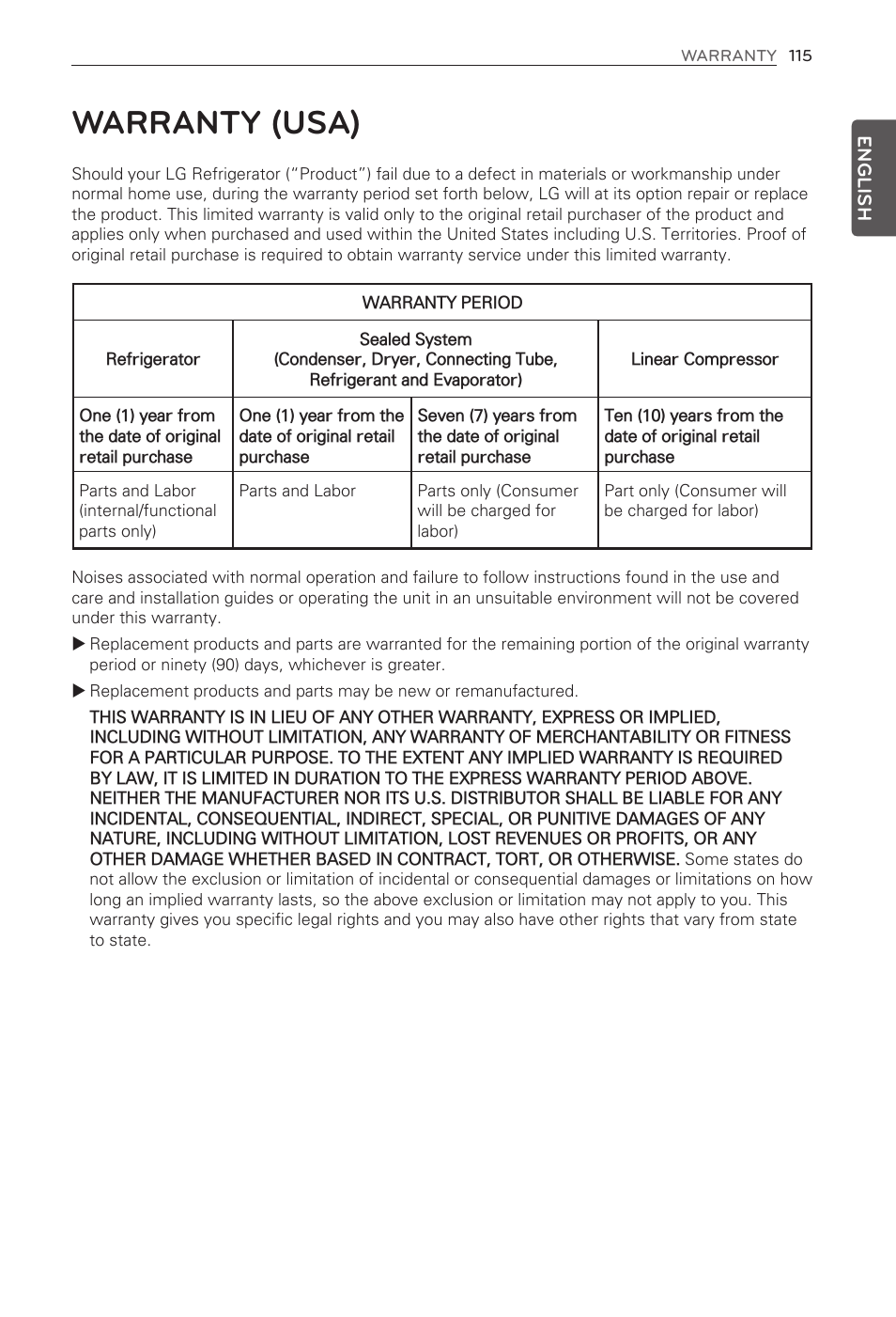 Warranty (usa) | LG LFX31995ST User Manual | Page 115 / 121