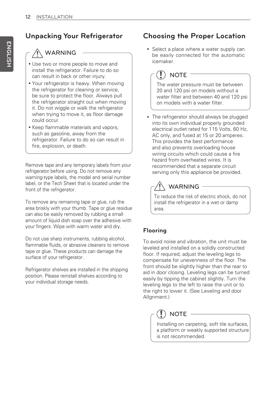 Choosing the proper location, Unpacking your refrigerator | LG LFX31995ST User Manual | Page 12 / 121