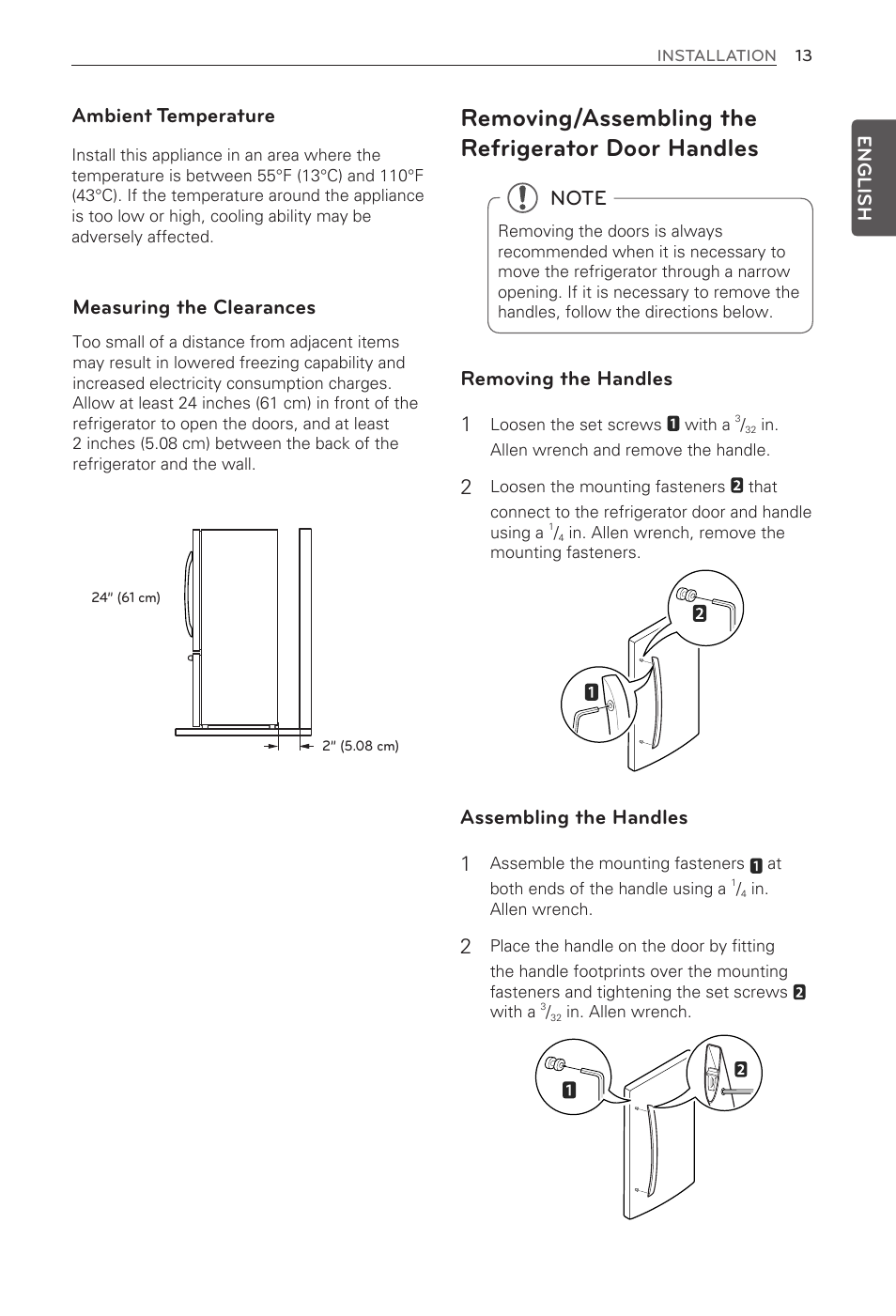 Removing/assembling the refrigerator door handles, Ambient temperature, Measuring the clearances | Removing the handles 1, Assembling the handles 1, English | LG LFX31995ST User Manual | Page 13 / 121