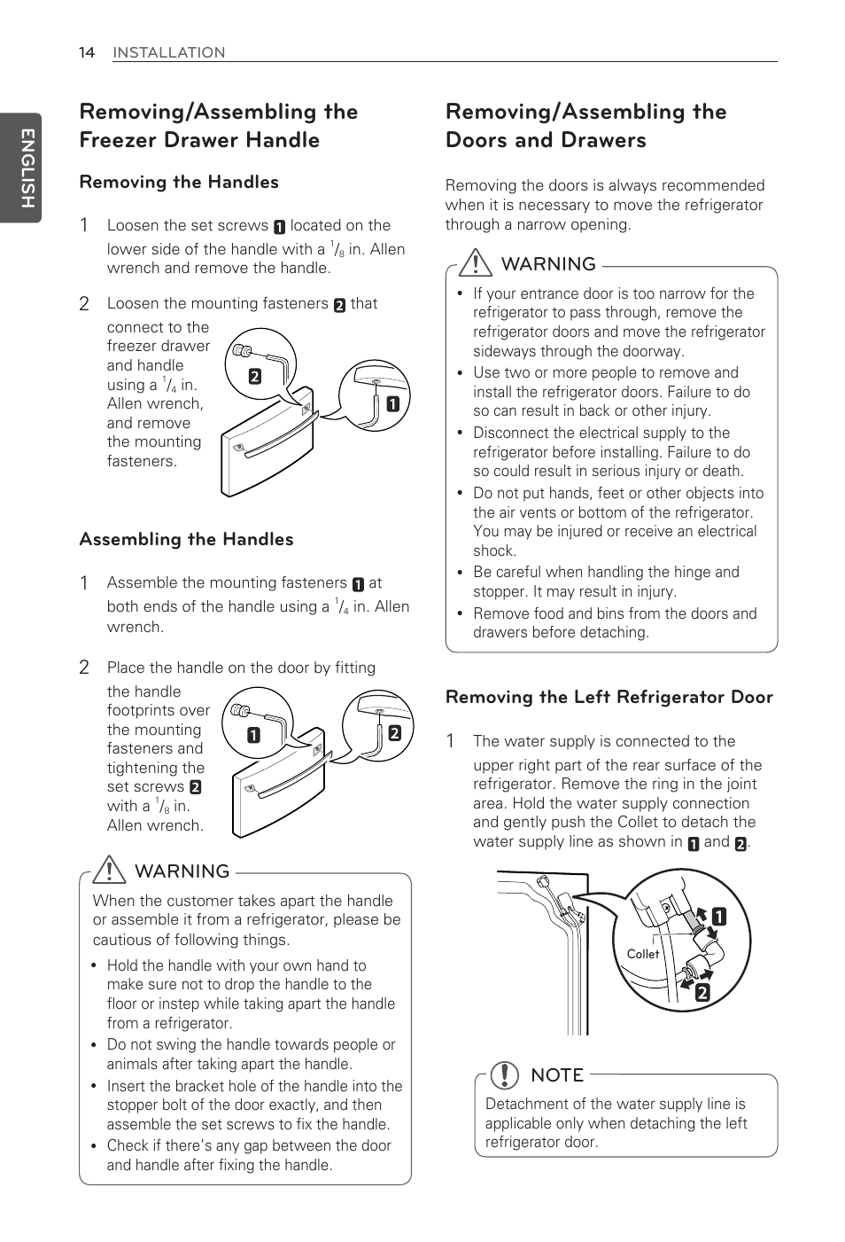 Removing/assembling the freezer drawer handle, Removing/assembling the doors and drawers, Removing the handles 1 | Assembling the handles 1, Removing the left refrigerator door 1, Warning | LG LFX31995ST User Manual | Page 14 / 121