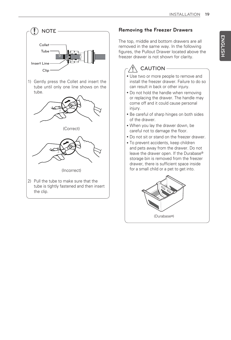 Caution, Removing the freezer drawers, English | LG LFX31995ST User Manual | Page 19 / 121