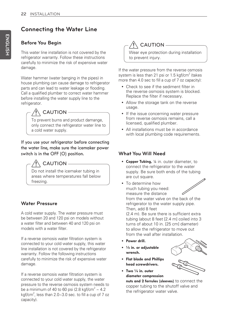 Connecting the water line, Caution, Before you begin | What you will need | LG LFX31995ST User Manual | Page 22 / 121