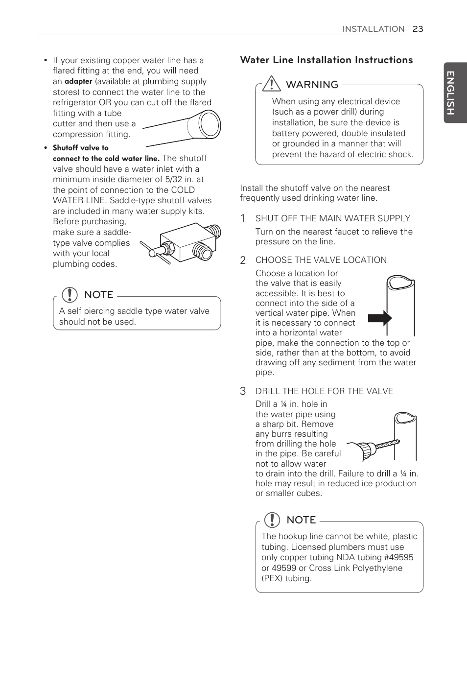 Water line installation instructions, Warning | LG LFX31995ST User Manual | Page 23 / 121