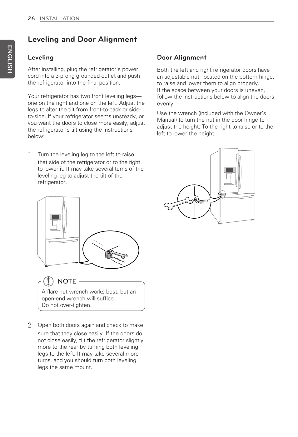 Leveling and door alignment | LG LFX31995ST User Manual | Page 26 / 121