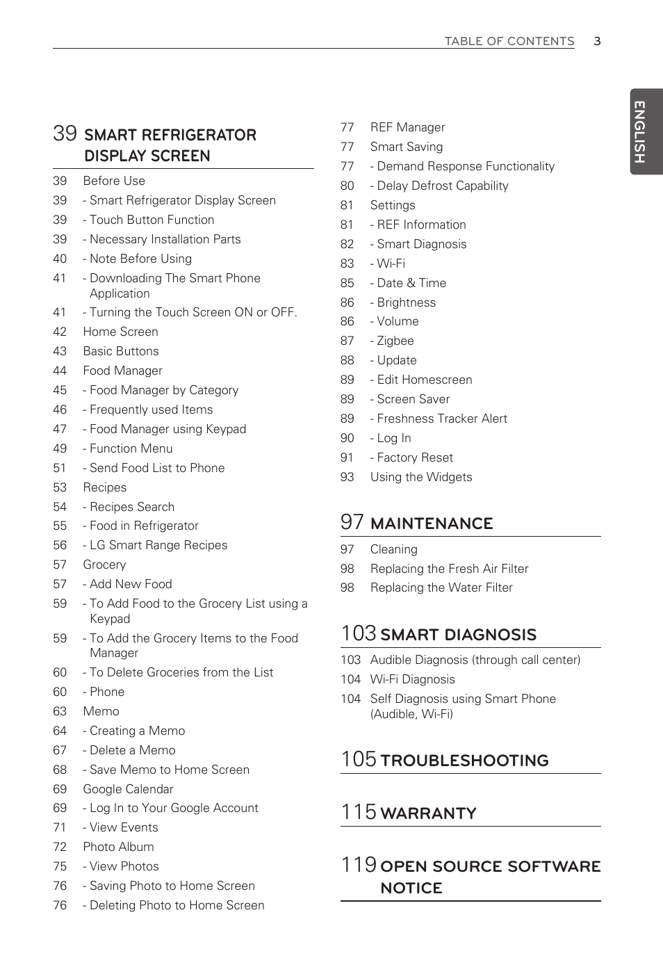 Smart refrigerator display screen, Maintenance, Smart diagnosis | Troubleshooting, Warranty, Open source software notice | LG LFX31995ST User Manual | Page 3 / 121