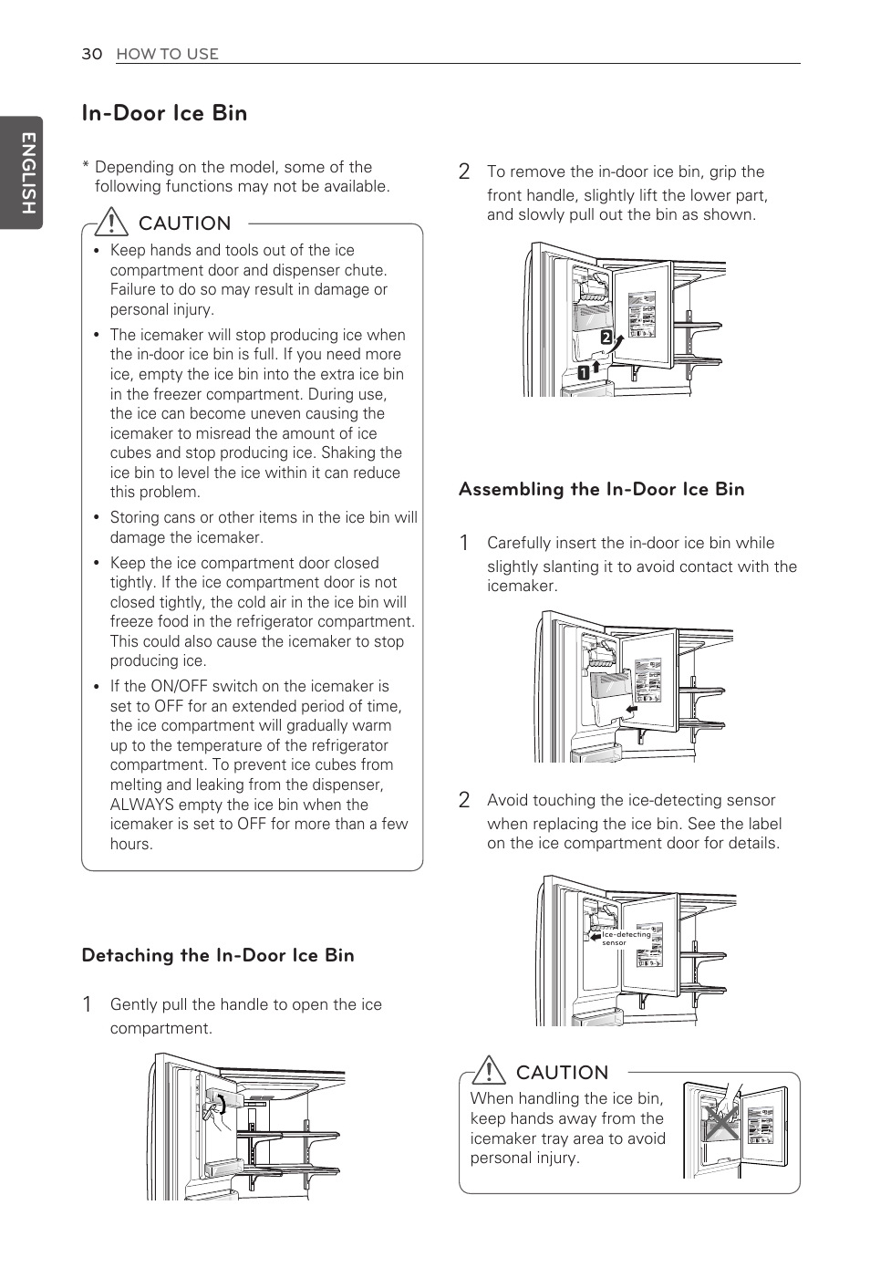 In-door ice bin, Caution, Detaching the in-door ice bin | Assembling the in-door ice bin | LG LFX31995ST User Manual | Page 30 / 121