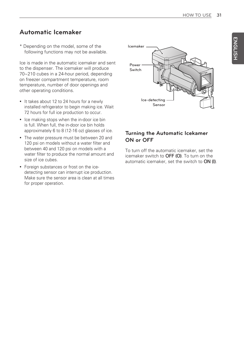 Automatic icemaker, Turning the automatic icekamer on or off, English | LG LFX31995ST User Manual | Page 31 / 121