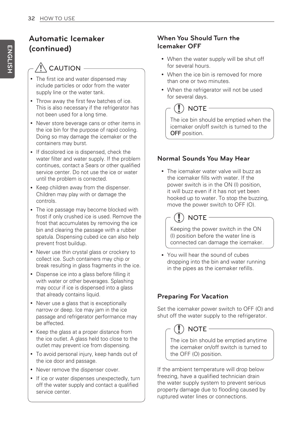 Automatic icemaker (continued), Caution when you should turn the icemaker off, Normal sounds you may hear | Preparing for vacation | LG LFX31995ST User Manual | Page 32 / 121