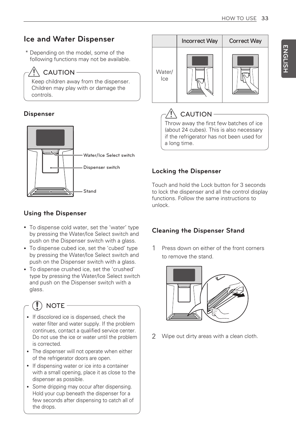 Ice and water dispenser, Caution, Dispenser | Using the dispenser, Locking the dispenser, Cleaning the dispenser stand 1 | LG LFX31995ST User Manual | Page 33 / 121