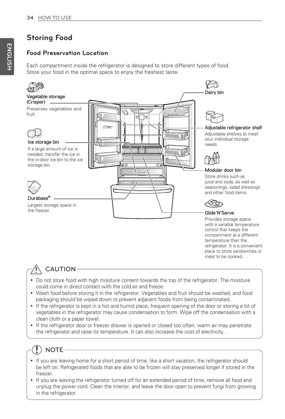 Storing food, Food preservation location, Caution | English | LG LFX31995ST User Manual | Page 34 / 121