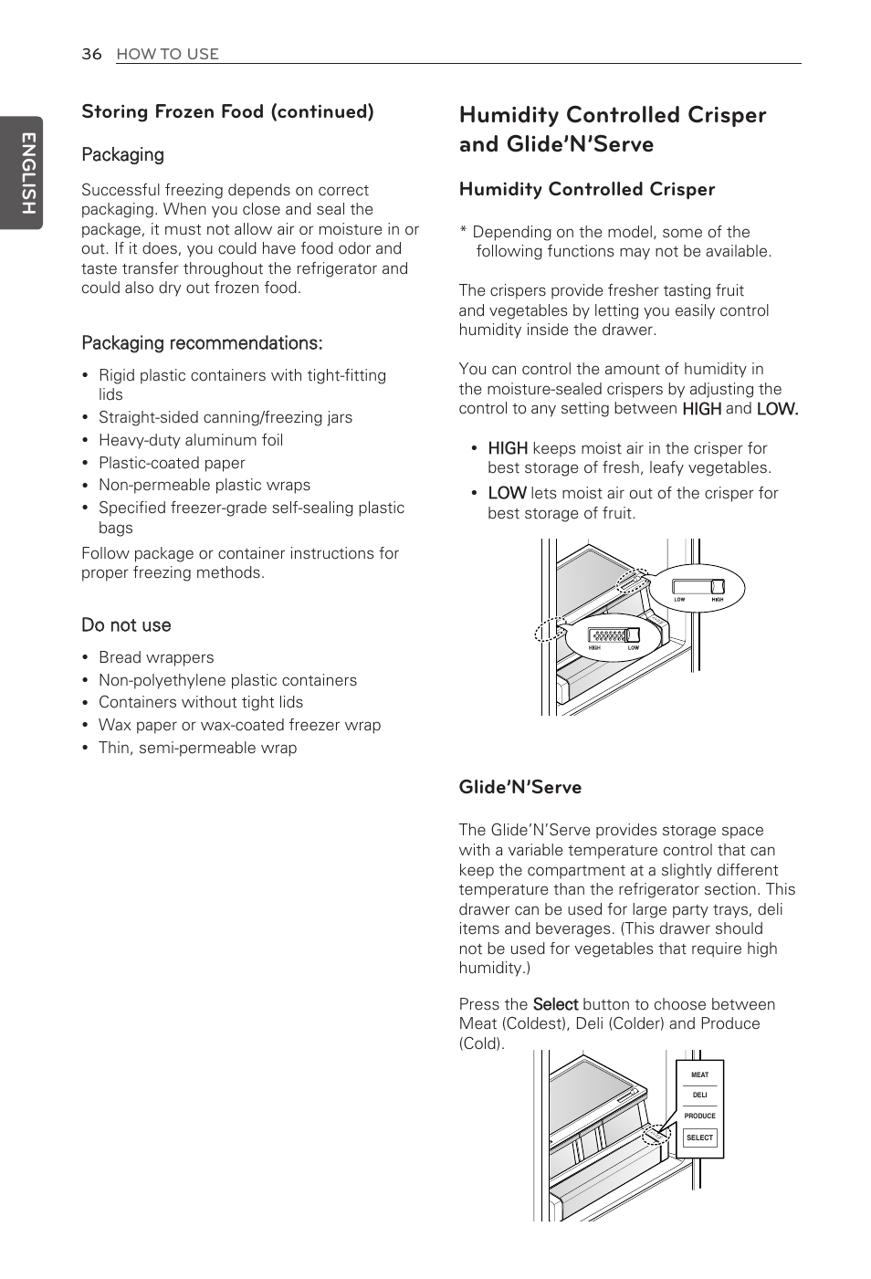 Humidity controlled crisper and glide’n’serve, Humidity controlled crisper, Glide’n’serve | Storing frozen food (continued), English | LG LFX31995ST User Manual | Page 36 / 121