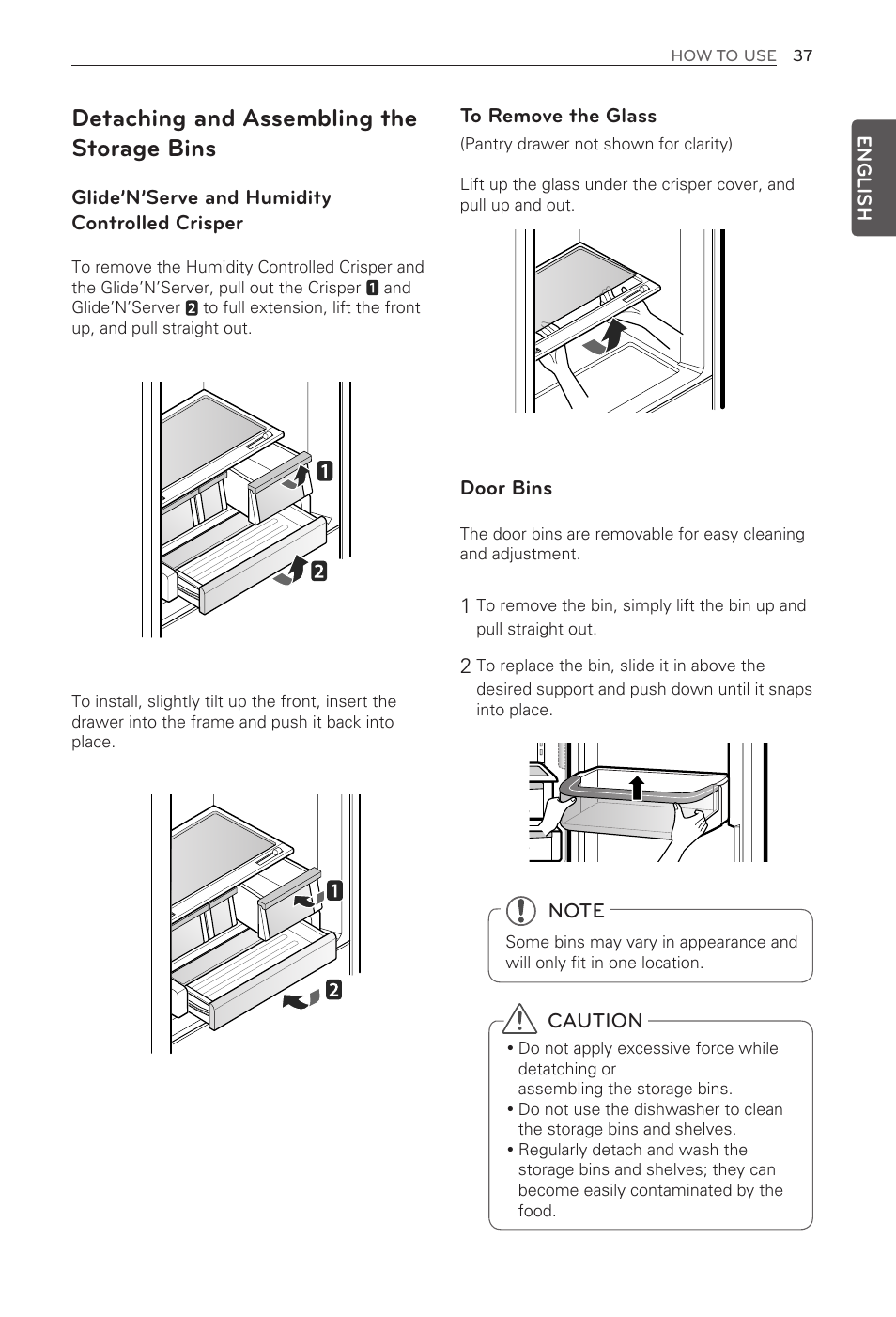 Detaching and assembling the storage bins, Glide’n’serve and humidity controlled crisper, Door bins | Caution | LG LFX31995ST User Manual | Page 37 / 121