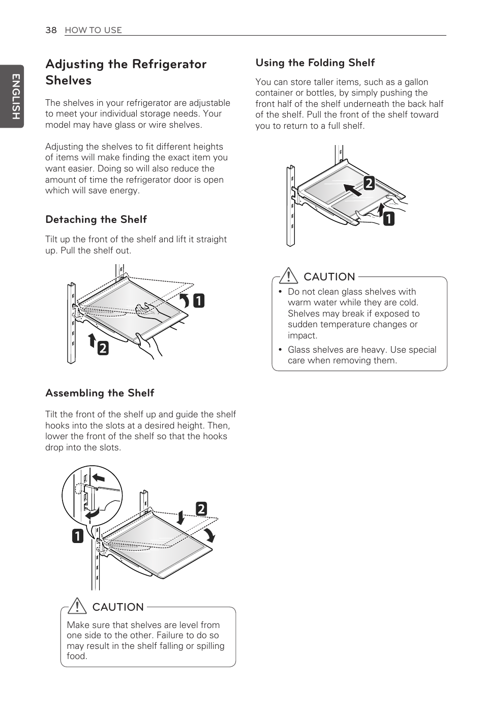 Adjusting the refrigerator shelves, Detaching the shelf, Assembling the shelf | Using the folding shelf, Caution | LG LFX31995ST User Manual | Page 38 / 121