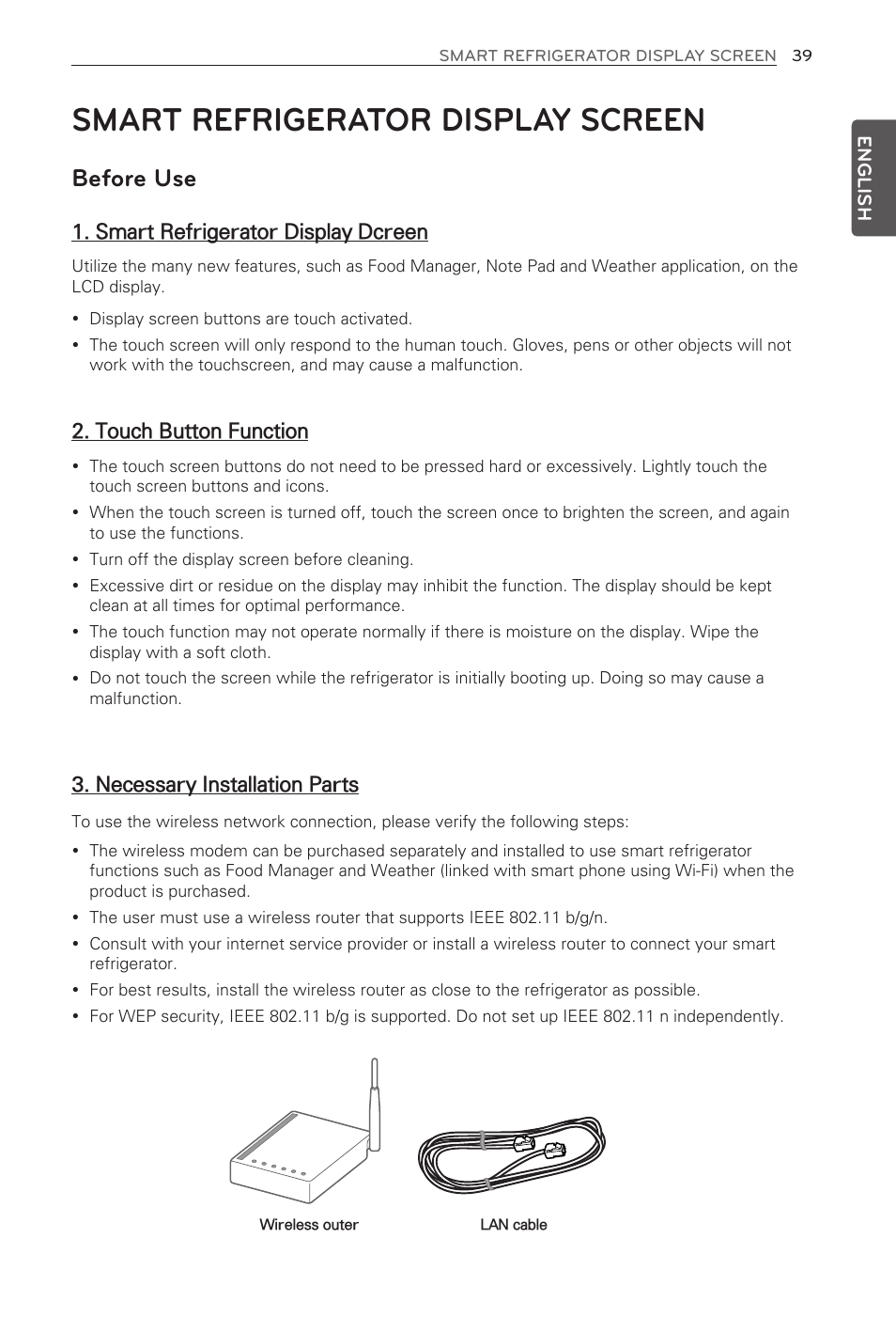 Smart refrigerator display screen, Before use, Smart refrigerator display dcreen | Touch button function, Necessary installation parts | LG LFX31995ST User Manual | Page 39 / 121