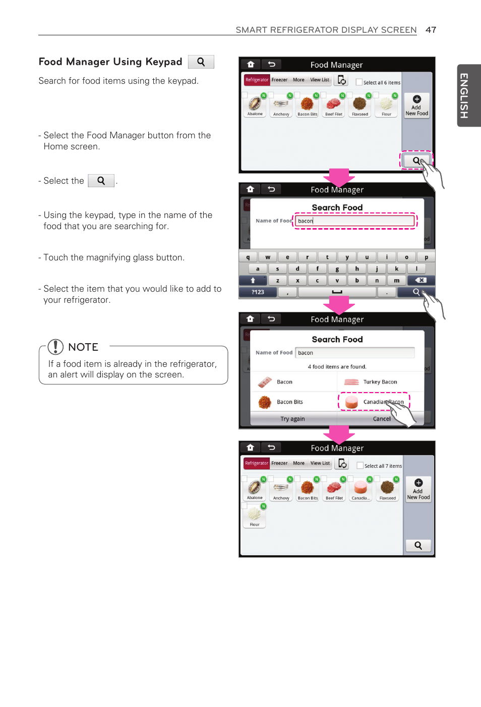 Food manager using keypad | LG LFX31995ST User Manual | Page 47 / 121