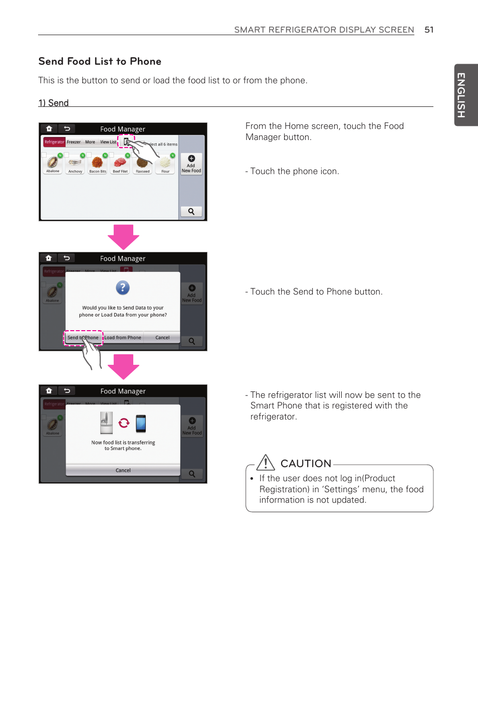 Send food list to phone, Caution, English | LG LFX31995ST User Manual | Page 51 / 121