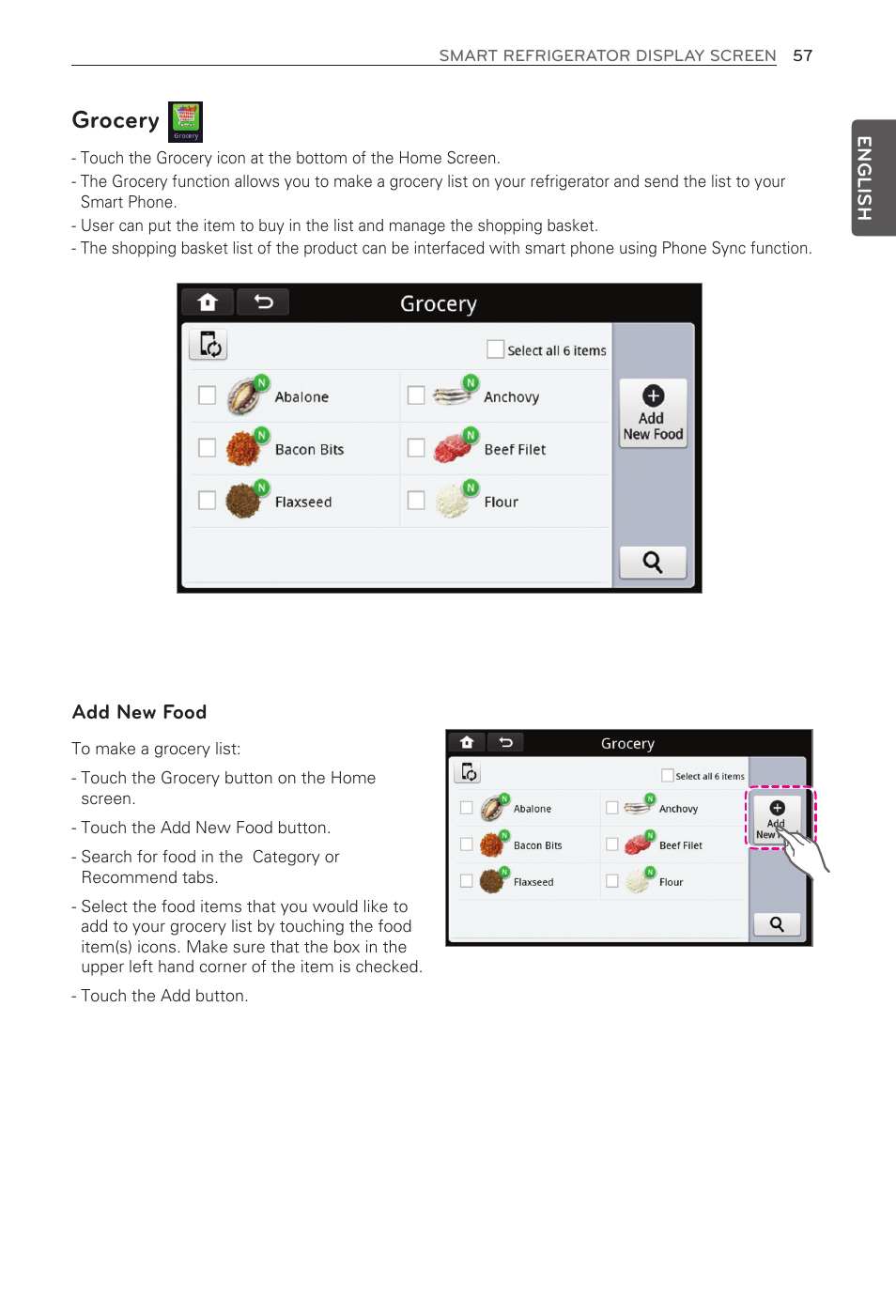 Grocery, Add new food | LG LFX31995ST User Manual | Page 57 / 121