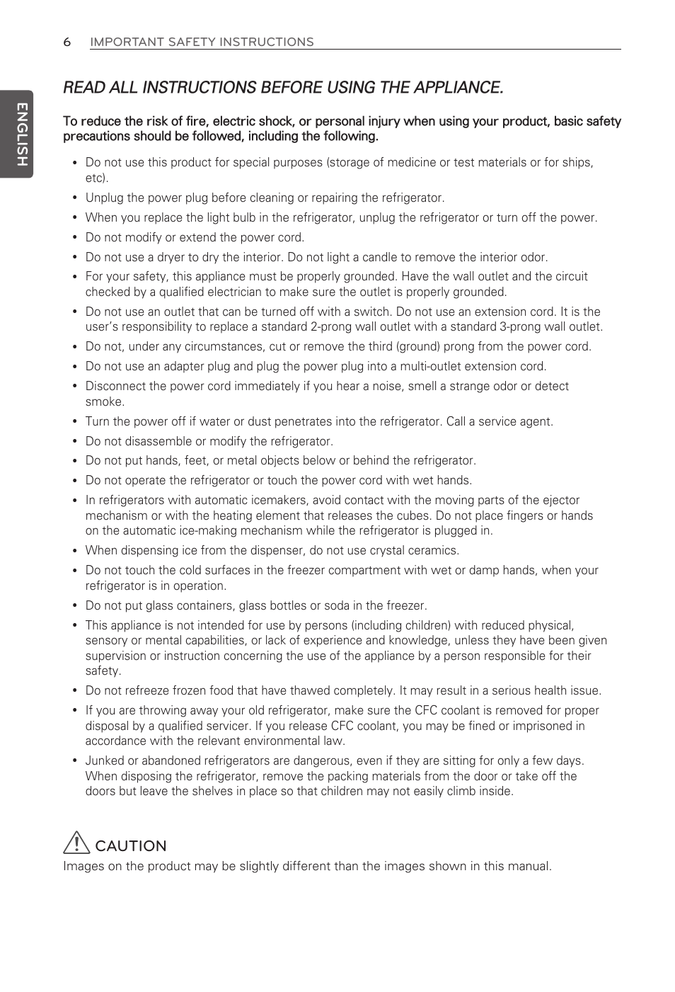 Read all instructions before using the appliance, Caution, English | LG LFX31995ST User Manual | Page 6 / 121
