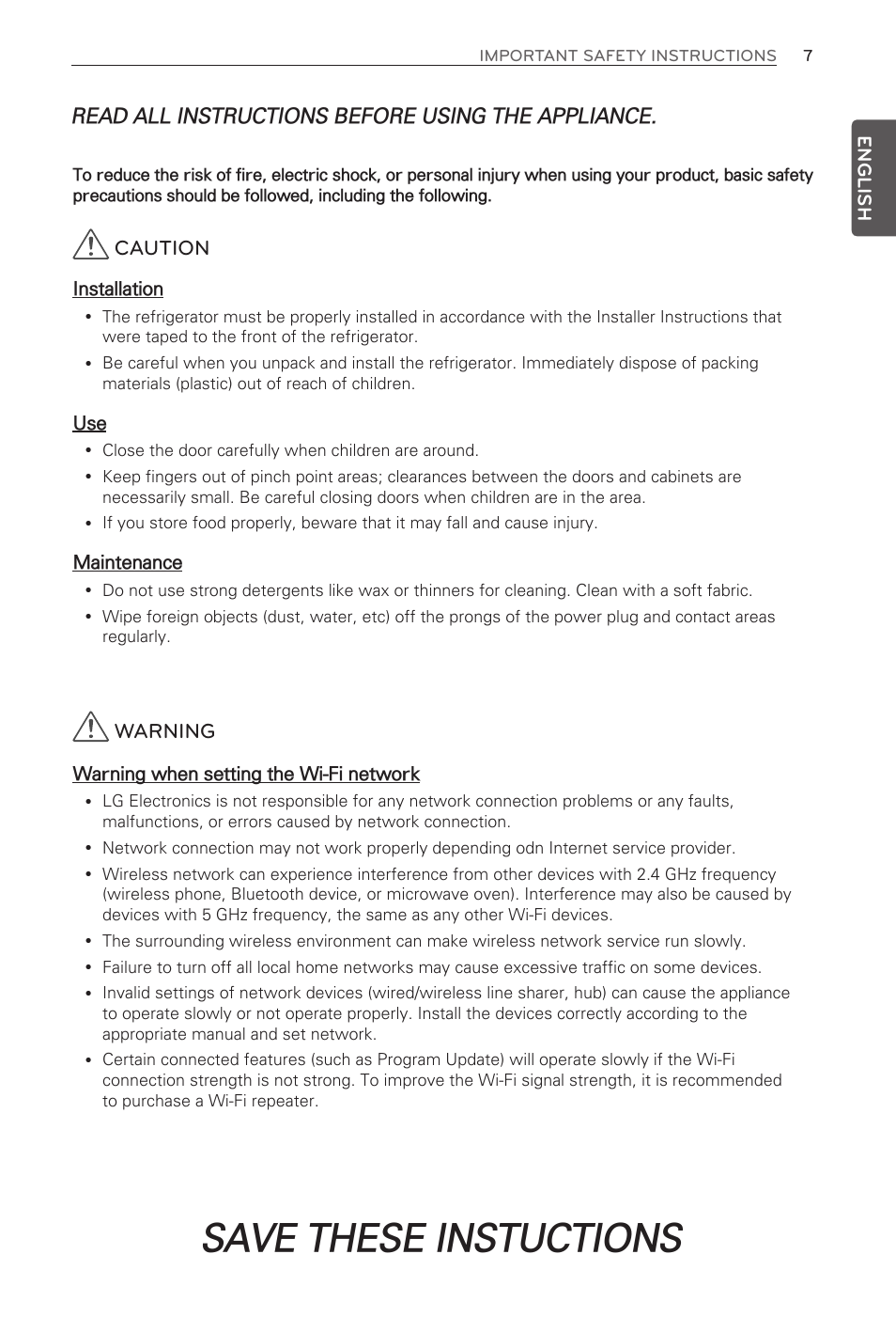 Save these instuctions, Caution, Warning | Read all instructions before using the appliance | LG LFX31995ST User Manual | Page 7 / 121