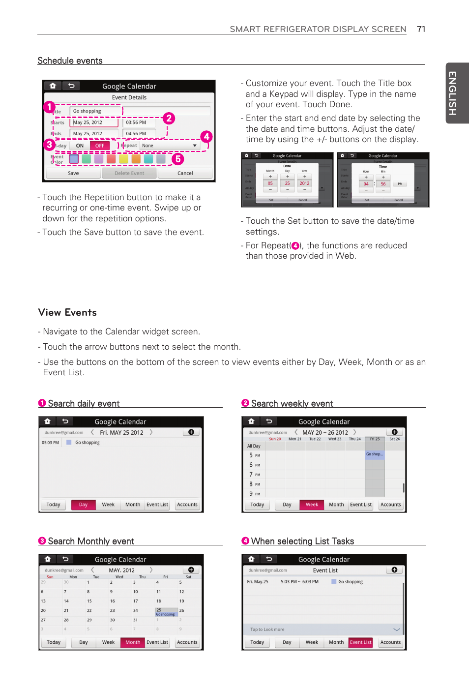 View events, English | LG LFX31995ST User Manual | Page 71 / 121