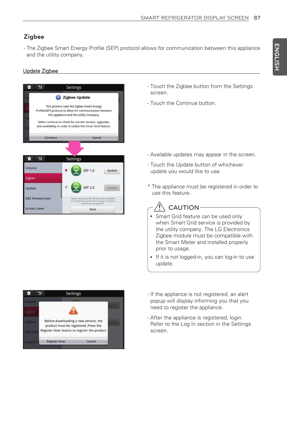 Caution, Zigbee, English | LG LFX31995ST User Manual | Page 87 / 121