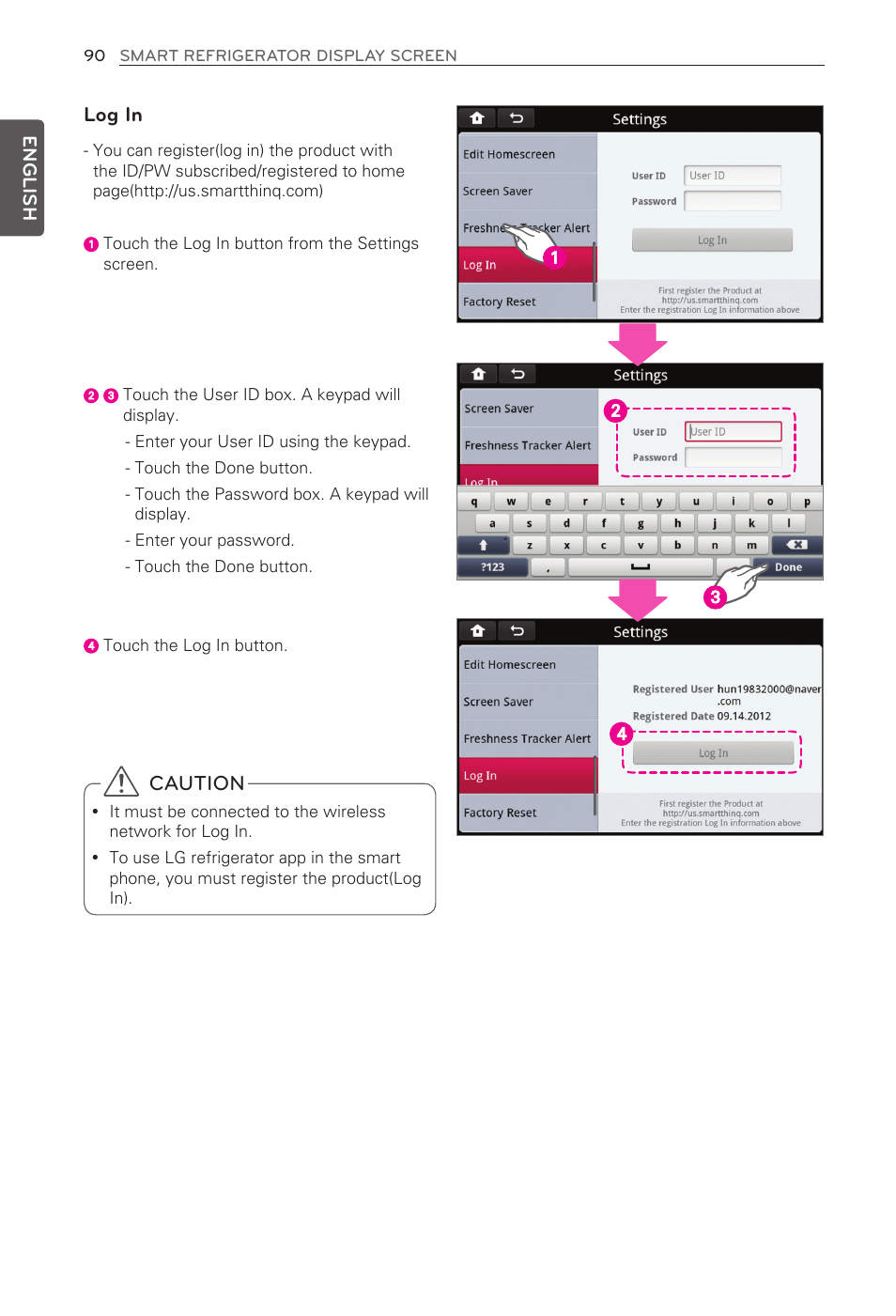 Log in, Caution, English | LG LFX31995ST User Manual | Page 90 / 121