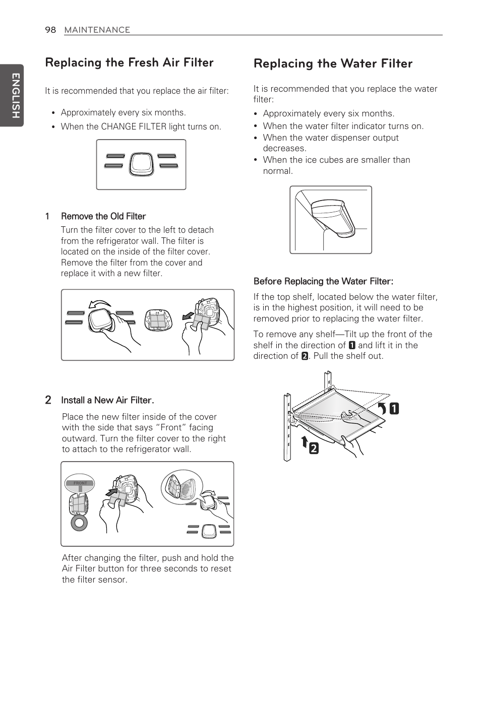 Replacing the fresh air filter, Replacing the water filter | LG LFX31995ST User Manual | Page 98 / 121