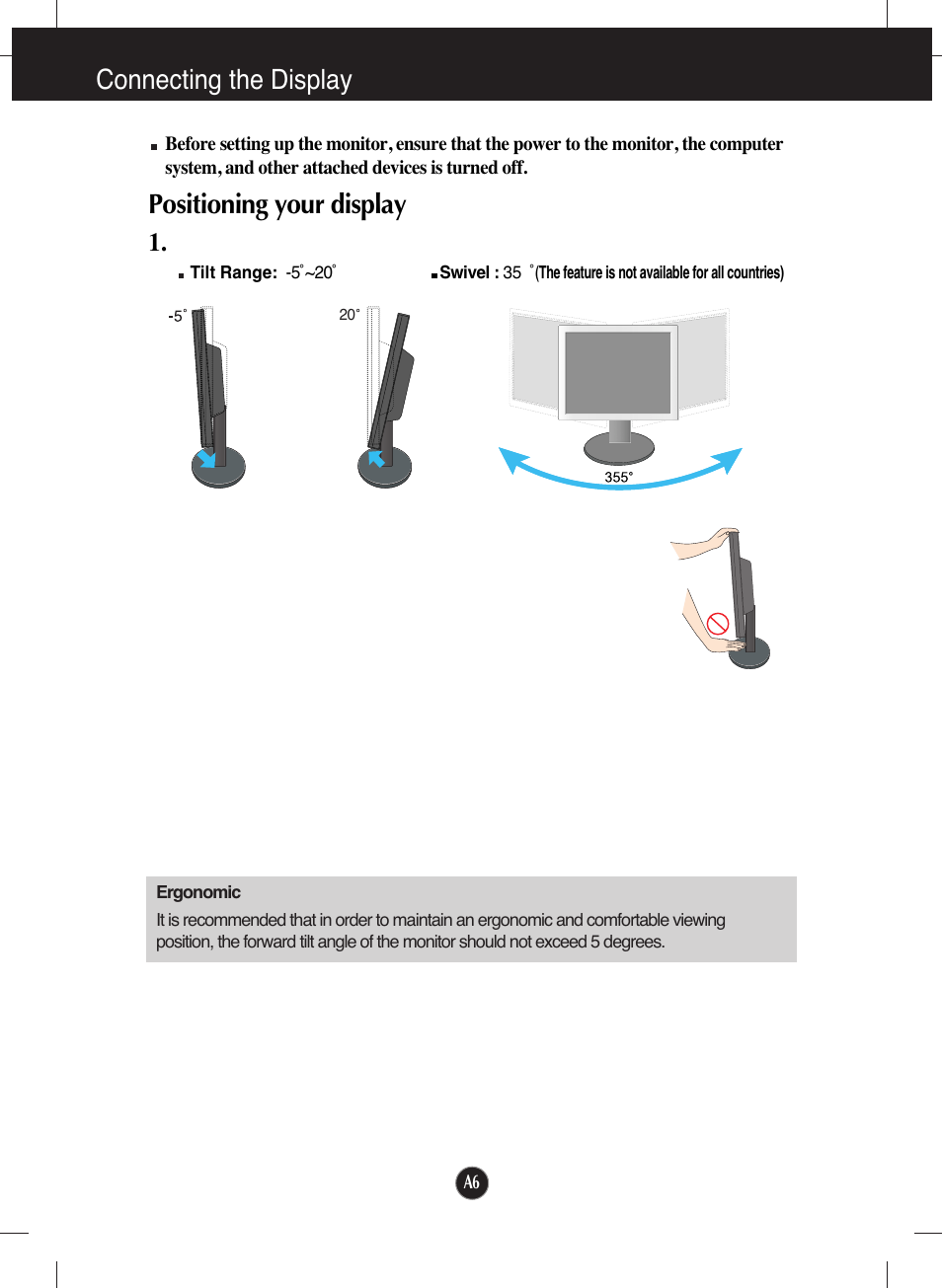 Positioning your display, Connecting the display | LG L1753S-SF User Manual | Page 7 / 25