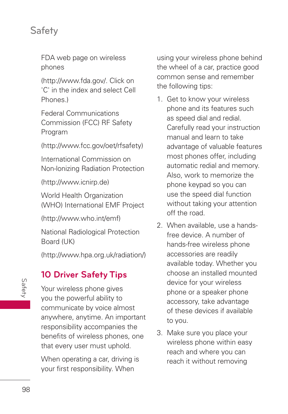 10 driver safety tips, Safety | LG LGUN530 User Manual | Page 100 / 115