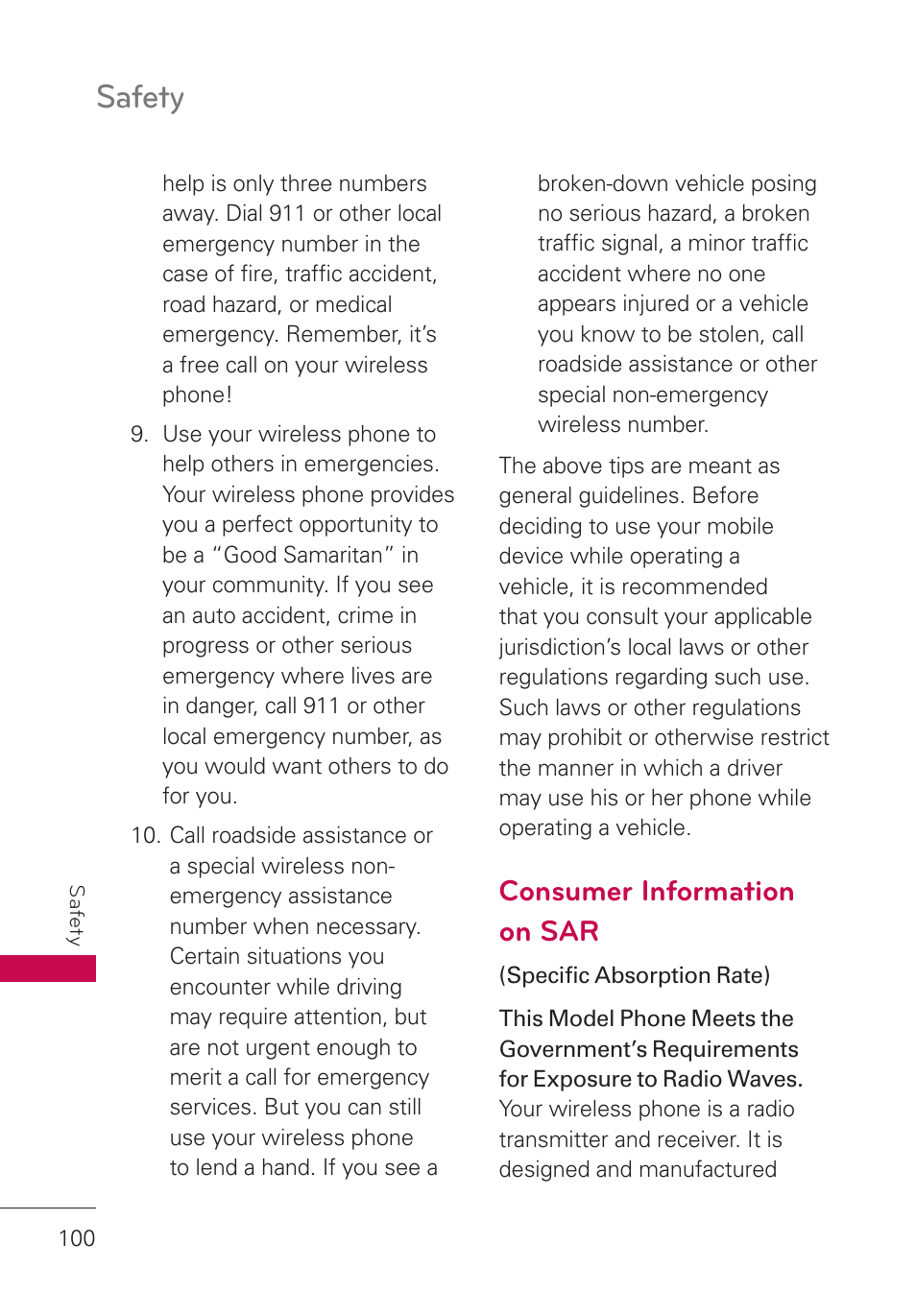 Consumer information on sar, Safety | LG LGUN530 User Manual | Page 102 / 115