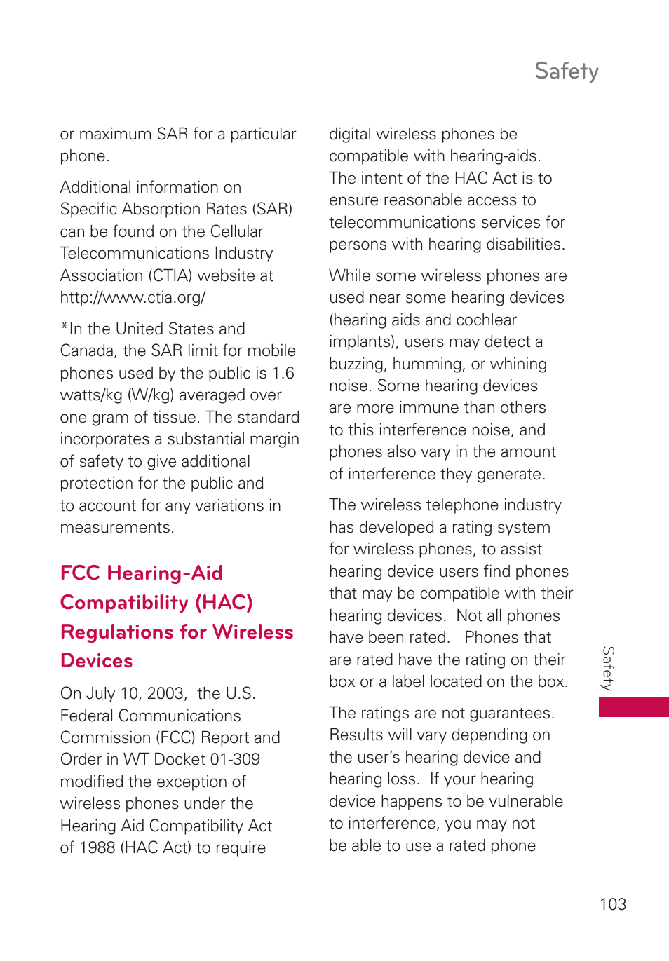 Fcc hearing-aid compatibility (hac), Regulations for wireless devices . 103, Safety | LG LGUN530 User Manual | Page 105 / 115