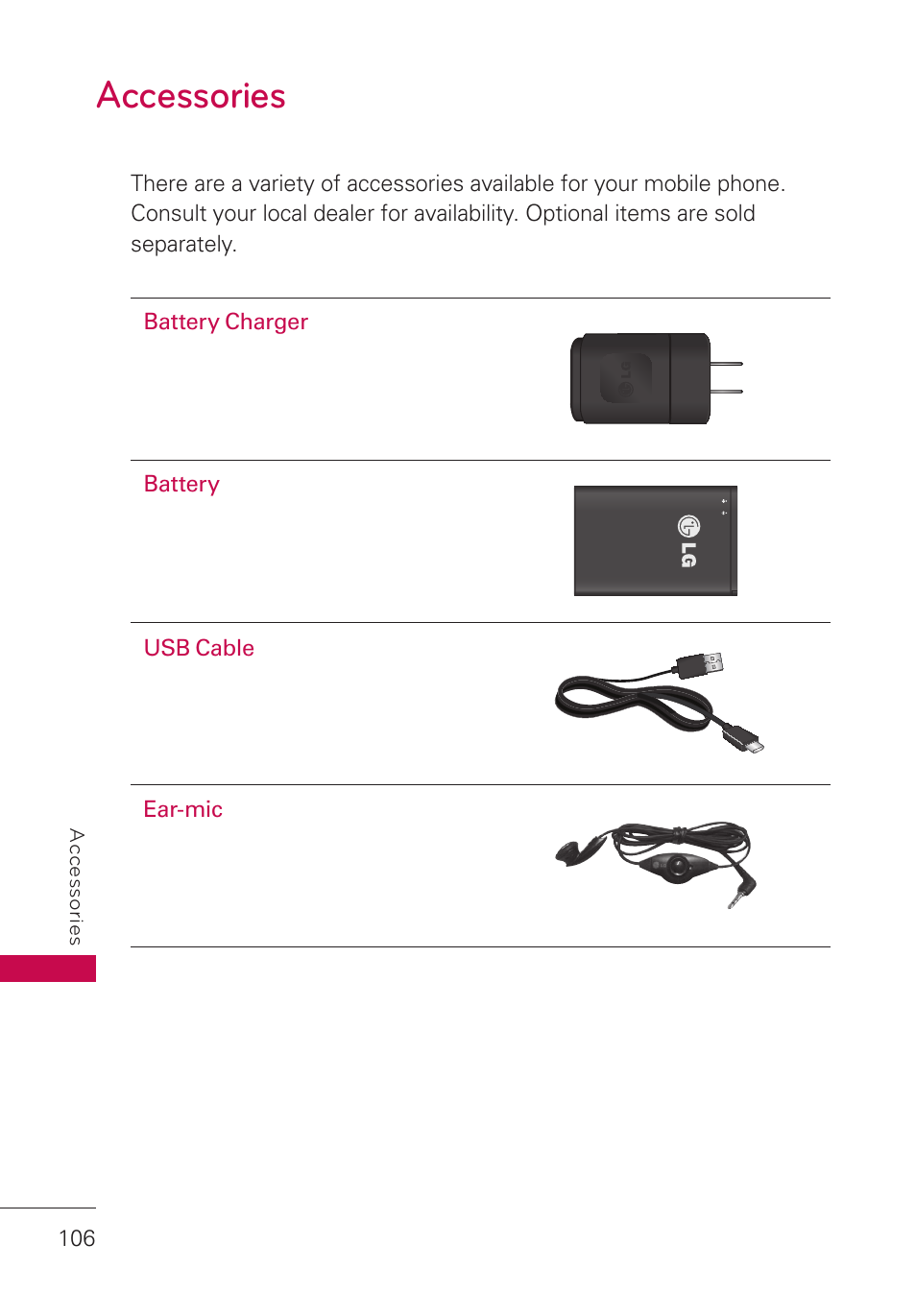 Accessories, Accessories 106 | LG LGUN530 User Manual | Page 108 / 115