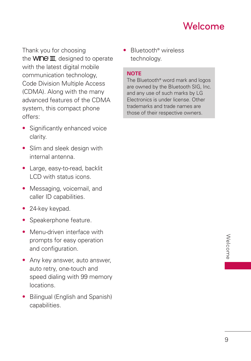 Welcome, Welcome 9 | LG LGUN530 User Manual | Page 11 / 115