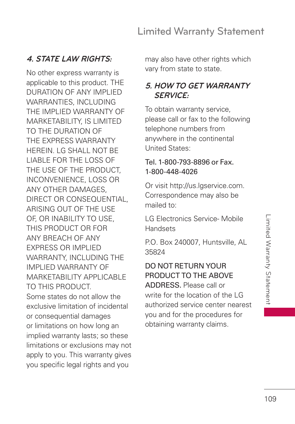 Limited warranty statement | LG LGUN530 User Manual | Page 111 / 115