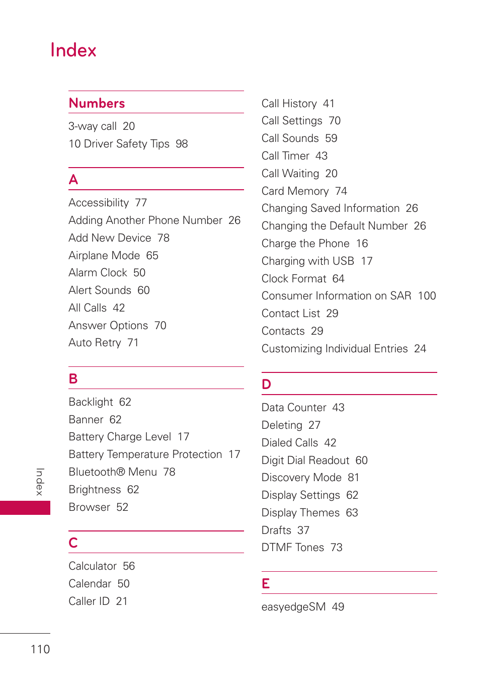 Index, Index 110, Numbers | LG LGUN530 User Manual | Page 112 / 115