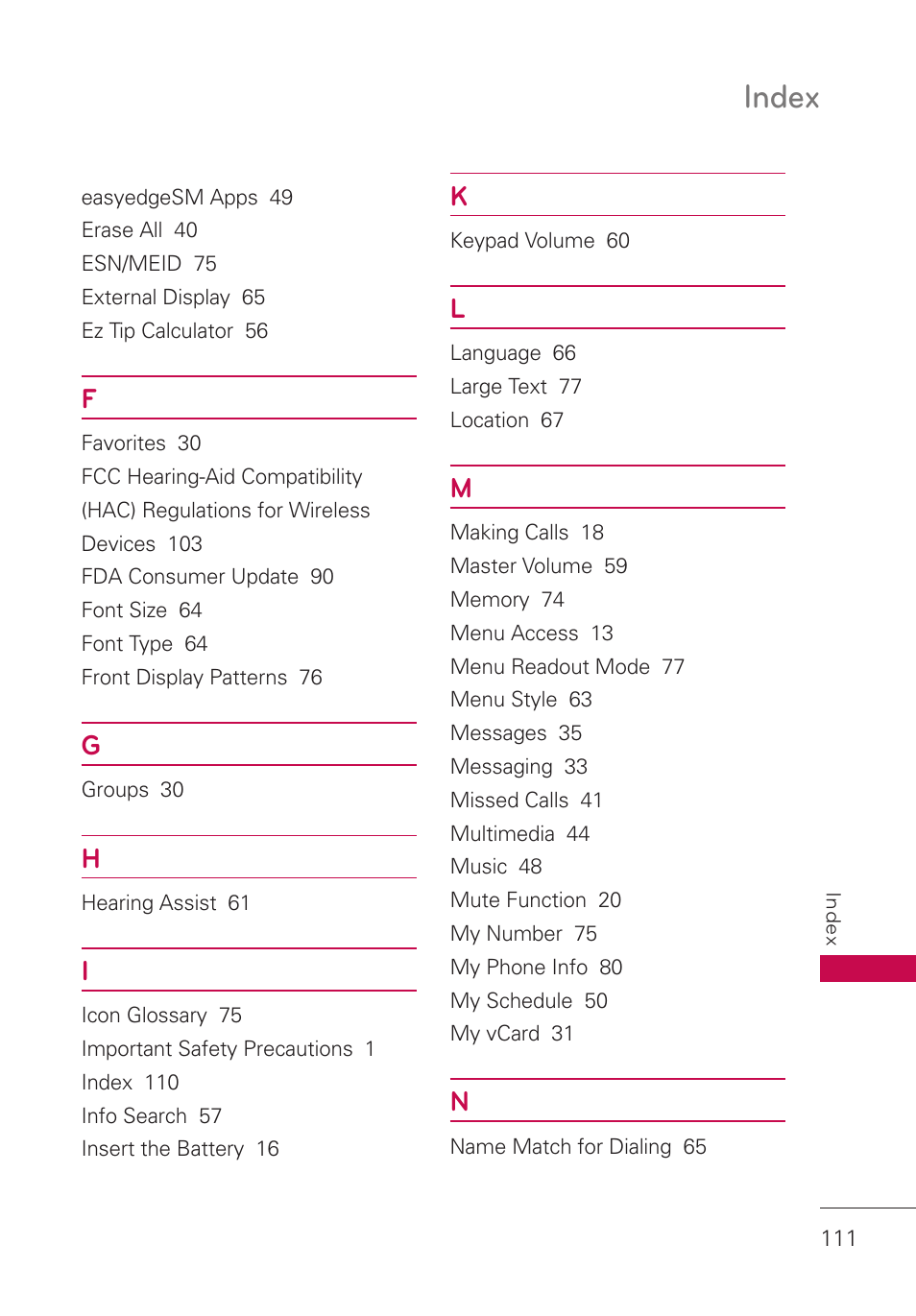 Index | LG LGUN530 User Manual | Page 113 / 115