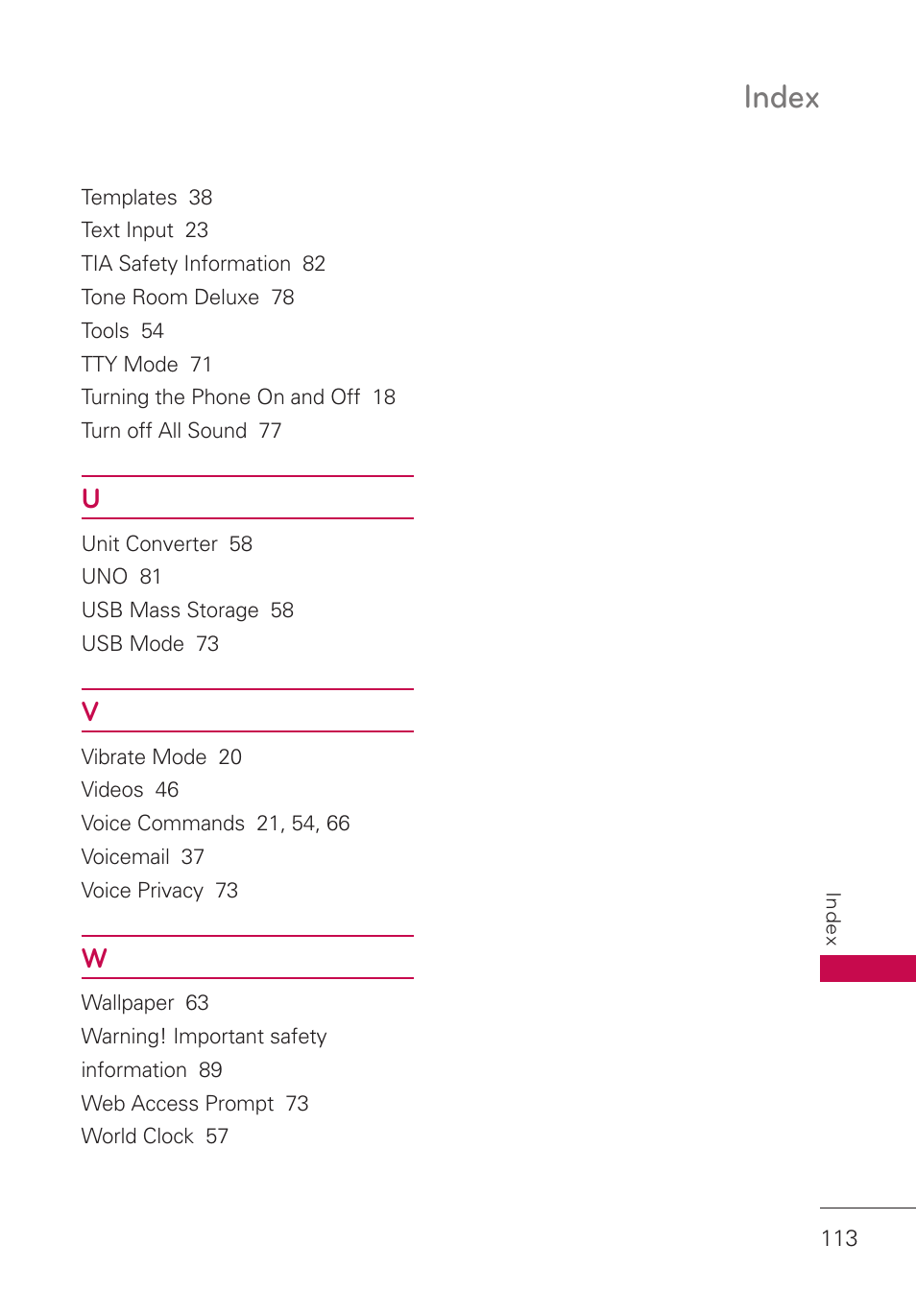 Index | LG LGUN530 User Manual | Page 115 / 115