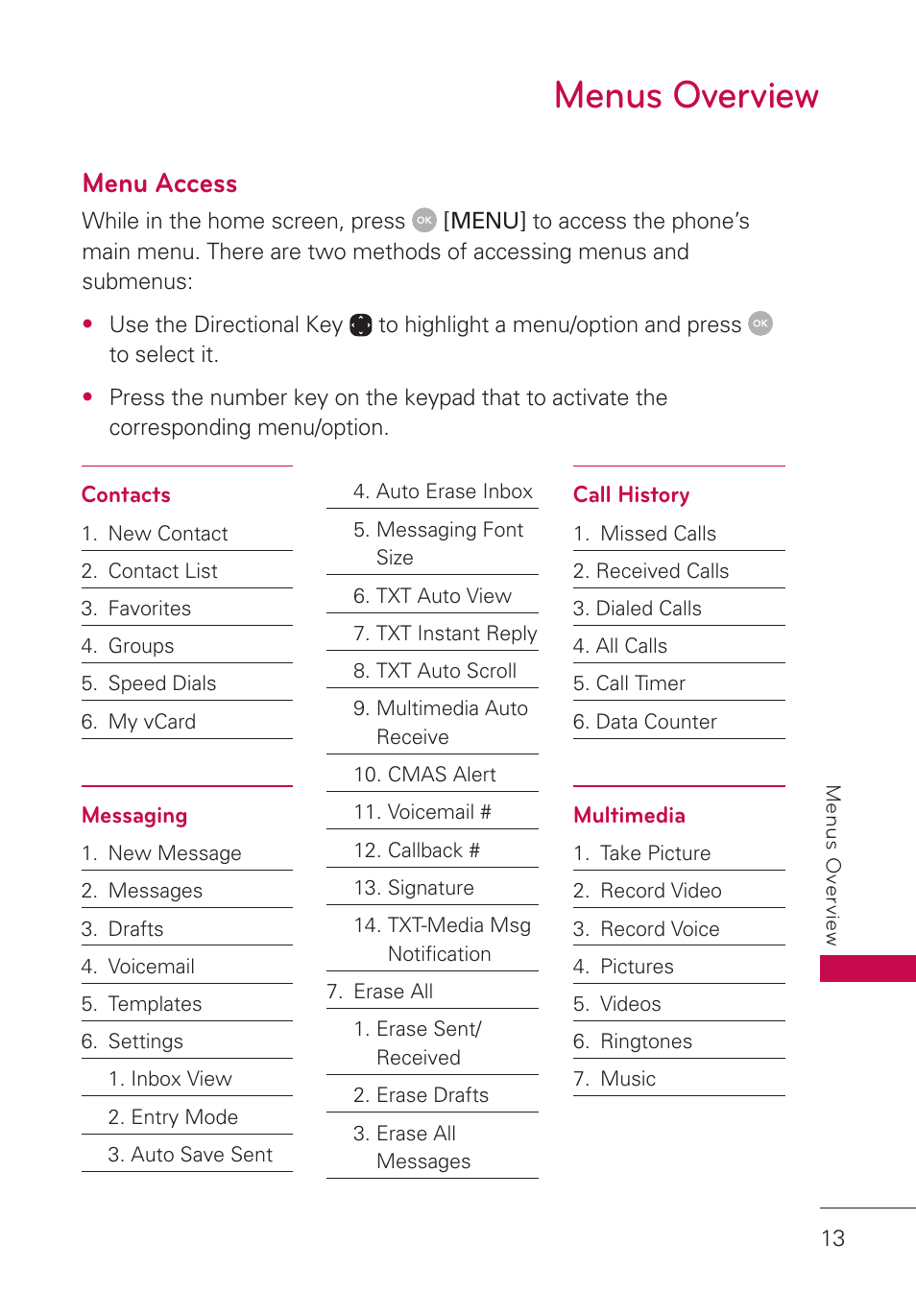 Menus overview, Menu access | LG LGUN530 User Manual | Page 15 / 115