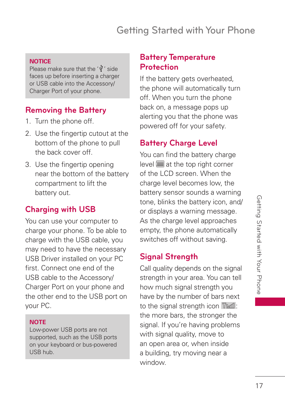 Removing the battery, Charging with usb, Battery temperature protection | Battery charge level, Signal strength, Getting started with your phone | LG LGUN530 User Manual | Page 19 / 115