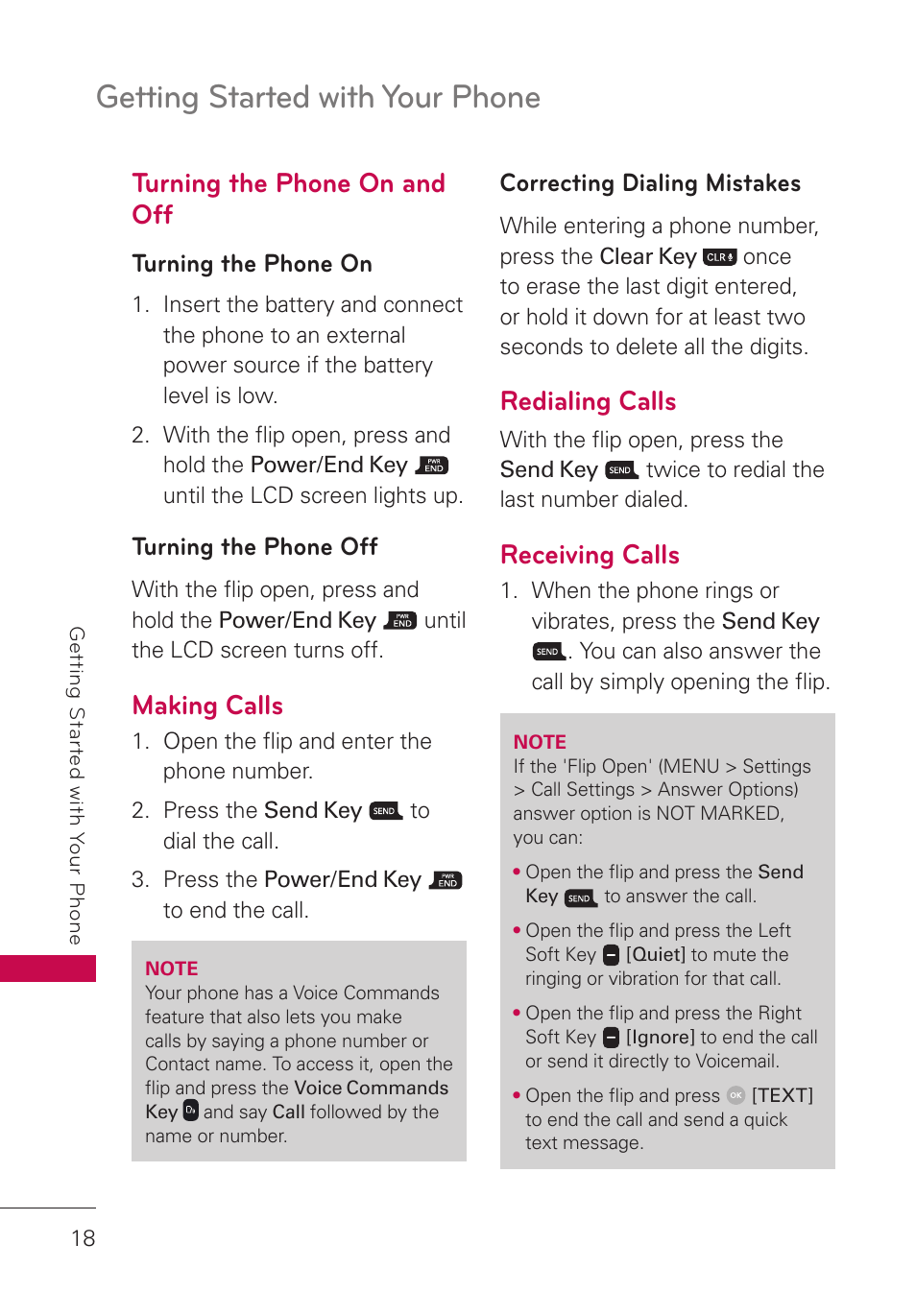 Turning the phone on and off, Turning the phone on, Turning the phone off | Making calls, Correcting dialing mistakes, Redialing calls, Receiving calls, Getting started with your phone | LG LGUN530 User Manual | Page 20 / 115