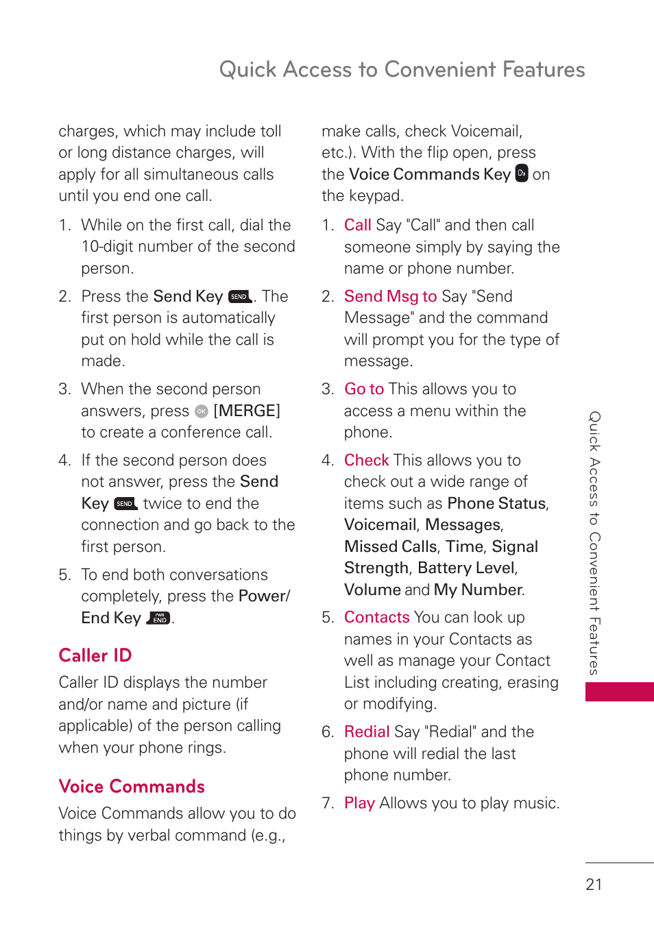 Caller id, Voice commands, Quick access to convenient features | LG LGUN530 User Manual | Page 23 / 115