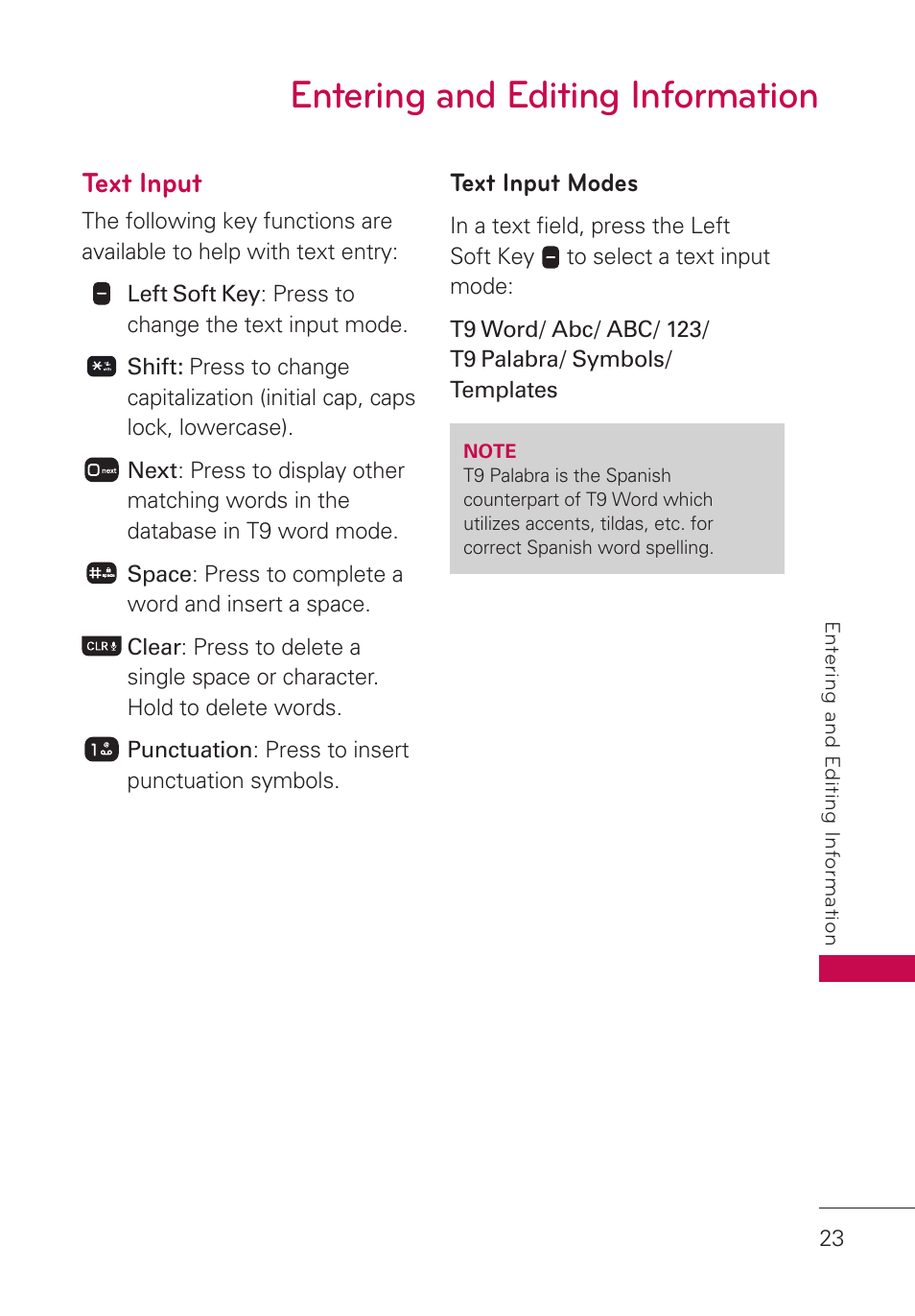 Entering and editing information, Text input, Text input modes | LG LGUN530 User Manual | Page 25 / 115