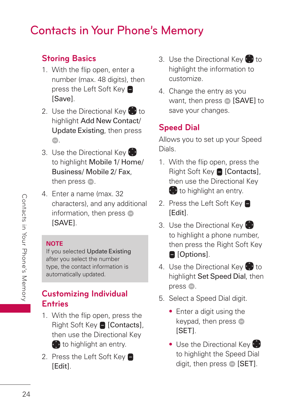 Contacts in your phone’s memory, Storing basics, Customizing individual entries | Speed dial, Contacts in your phone’s memory 24 | LG LGUN530 User Manual | Page 26 / 115