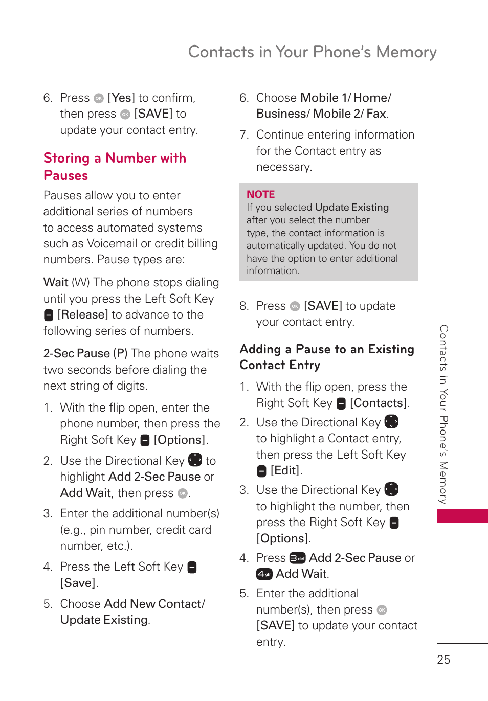 Storing a number with pauses, Adding a pause to an existing contact entry, Adding a pause to an existing | Contact entry | LG LGUN530 User Manual | Page 27 / 115