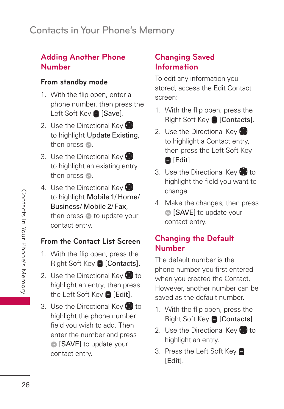 Adding another phone number, From standby mode, From the contact list screen | Changing saved information, Changing the default number | LG LGUN530 User Manual | Page 28 / 115